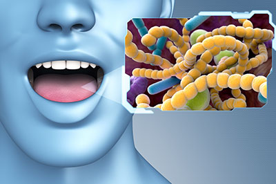 The image shows a 3D rendering of a human mouth with a tongue sticking out, placed next to a microscopic image of bacteria, which appears to be a close-up view of cells with nuclei and cellular structures.