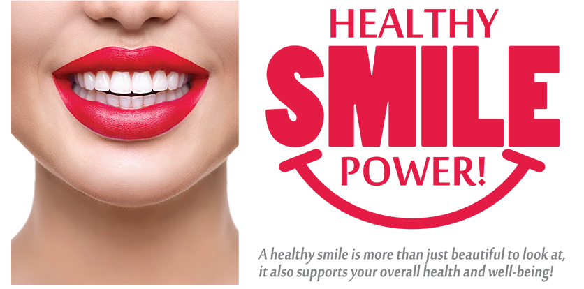 The image features a person with red lipstick smiling at the camera against a white background. There is text overlaying the image, which reads  HEALTHY SMILE POWER  in bold, capitalized letters.