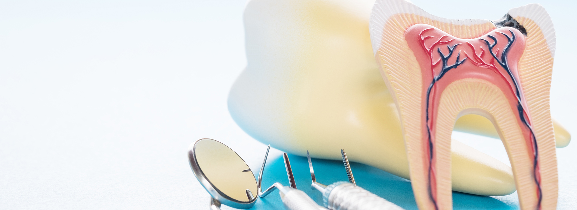 The image shows a close-up of a dental model with a drill, a toothbrush, and a dental mirror, all set against a blue background.